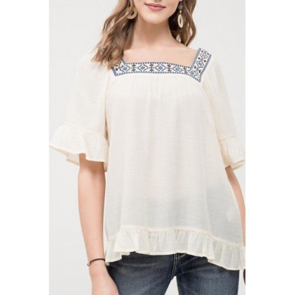 Blu Pepper Embroidered Ruffle Trim Blouse #044 - Picture 1 of 11